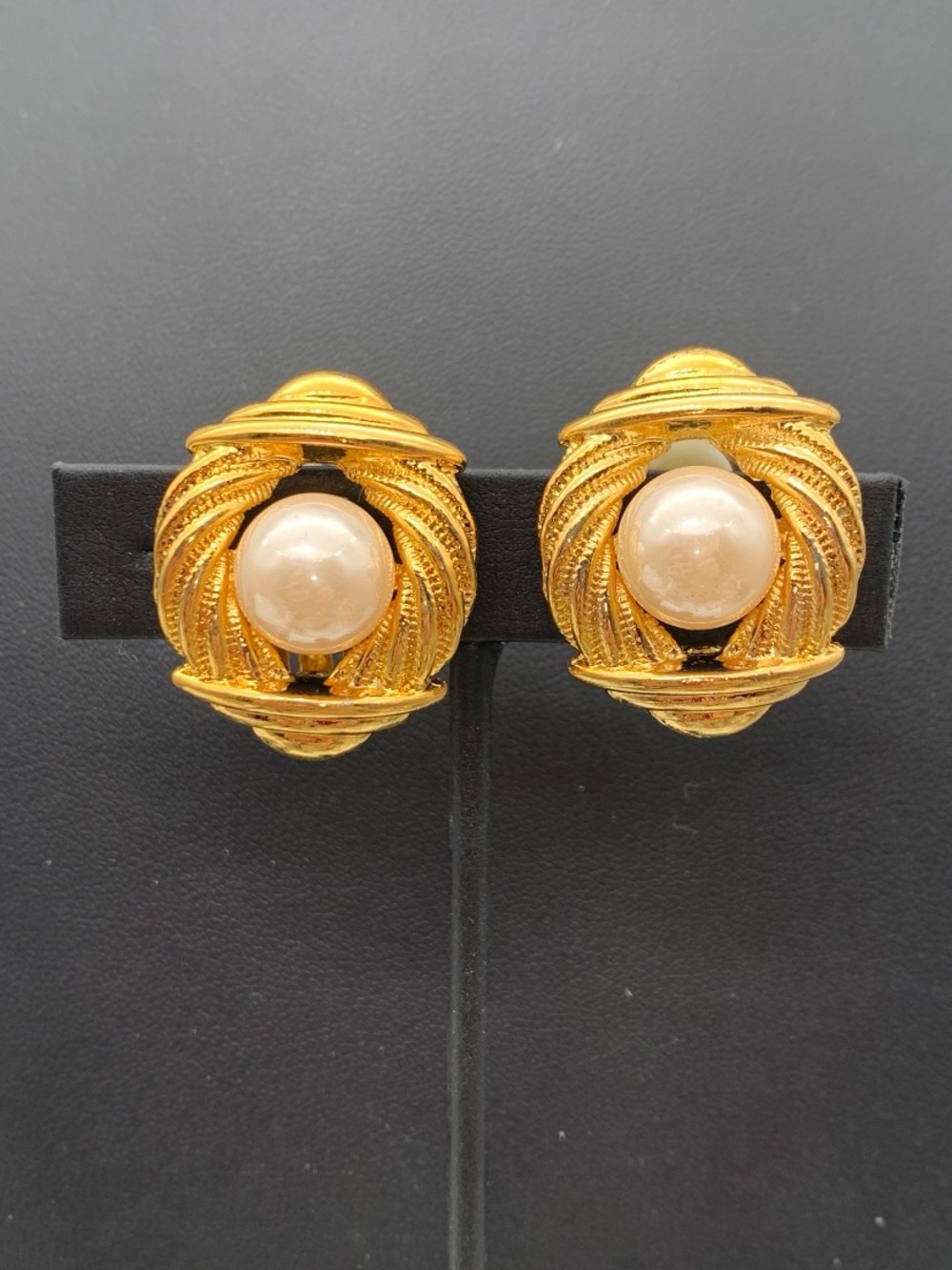 Vintage Gold-Tone and faux Pearl Center Clip-On Earrings